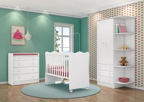 Quarto Infantil com Guarda Roupa 2 Portas 3 Gavetas com Cantoneira, Berço e Cômoda Trocador Doce Sonho Branco - Qmovi