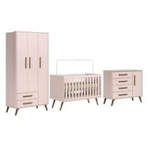 Quarto Infantil Com Guarda Roupa 3 Portas, Cômoda e Berço Retro QEncanto Rosa