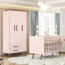 Quarto Infantil Com Guarda Roupa 3 Portas e Berço Que Vira Mini Cama Rosa - Qmovi Quarto Infantil Com Guarda Roupa 3 Portas e Berço Que Vira Mini Cama Rosa - Qmovi