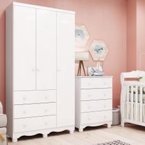 Quarto Infantil com Guarda-Roupa 3 Portas e Cômoda 4 Gavetas 100% MDF Mimo Espresso Móveis Branco Brilho