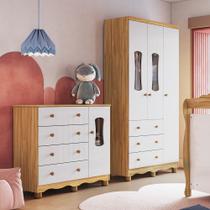 Quarto Infantil com Guarda-Roupa 3 Portas e Cômoda com Janelas 100% MDF Lana Espresso Móveis Branco/Brilho/Amêndoa