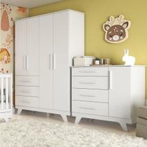 Quarto Infantil com Guarda Roupa 4 Portas e Cômoda 1 Porta Kakau Retrô 100% Mdf Espresso Móveis Branco Brilho Quarto Infantil com Guarda Roupa 4 Portas e Cômoda 1 Porta Kakau Retrô 100% Mdf Espresso Móveis Branco Brilho