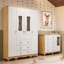 Quarto Infantil com Guarda-Roupa 4 Portas e Cômoda com Janelas 100% MDF Lana Espresso Móveis Branco/Brilho/Amêndoa