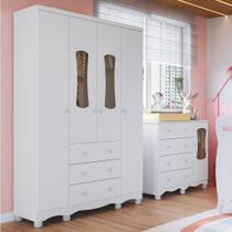 Quarto Infantil com Guarda-Roupa 4 Portas e Cômoda com Janelas 100% MDF Lana Espresso Móveis Branco Brilho Quarto Infantil com Guarda-Roupa 4 Portas e Cômoda com Janelas 100% MDF Lana Espresso Móveis Branco Brilho