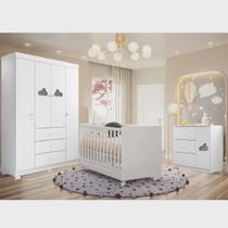 Quarto Infantil Com Guarda Roupa Ane 4 Portas, Cômoda Ane e Berço Americano Branco