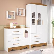 Quarto Infantil com Guarda-Roupas e Cômoda 4 Portas Janeladas 100% MDF Alice Espresso Móveis Branco Brilho/Amêndoa