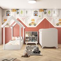 Quarto Infantil com Minicama Montessoriana Berço Americano e Estante Retrô Móveis Peroba Branco