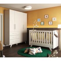 Quarto Infantil compacto MDF Retrô com Guarda Roupa 4 portas e Berço Minicama Móveis Peroba Branco