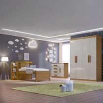 Quarto Infantil Completo com Guarda-Roupa Cama 100% MDF e Cômoda Angel Cinamomo / Off White