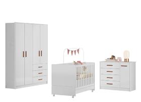 Quarto Infantil Completo com Roupeiro, Comoda Pérola e Berço Encanto Branco - Peternella