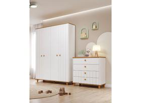 Quarto Infantil Completo Cupcakes Guarda Roupa 4 Portas e Comoda 4 Gavetas Branco/Nature - Permobili