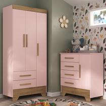 Quarto Infantil Completo Guarda Roupa 3 Portas 2 Gavetas com Cômoda Selene Espresso Móveis Rosa Fosco/Nature