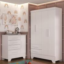 Quarto Infantil Completo Guarda Roupa 4 Portas 2 Gavetas com Cômoda Liz Branco Quarto Infantil Completo Guarda Roupa 4 Portas 2 Gavetas com Cômoda Liz Branco