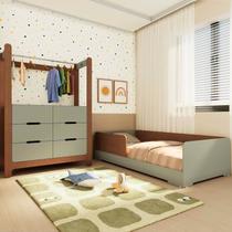 Quarto Infantil Completo Guarda-Roupa Closet e Cama Solteiro Montessoriana 100% MDF Olivia e Mark Verde/Verti/Castanho