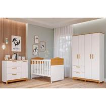 Quarto Infantil Completo Helena Guarda Roupa 4 Portas, Comoda 1 Porta e Berço Nature/Branco