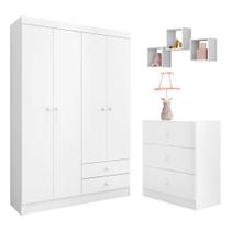 Quarto Infantil Completo Louise com Guarda Roupa 04 Portas Cômoda e Nichos Branco - Desk Design