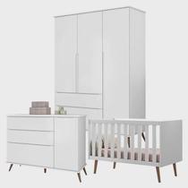 Quarto Infantil Completo Melinda Branco Retro Guarda Roupa 3 Portas Cômoda 1 Porta Berço Qencanto - Phoenix Baby
