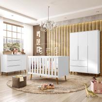 Quarto Infantil Completo Melinda Guarda Roupa 3 Portas, Comoda 1 Porta e Berço Retro Branco - Mobili
