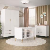 Quarto Infantil Completo Melinda Retro Guarda Roupa, Comoda e Berço Mini Cama Branco - Mobili
