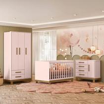 Quarto Infantil Completo Qencanto Slim Guarda Roupa, Comoda e Berço Mini Cama Rosa Qmovi