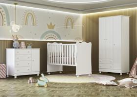 Quarto infantil Doce Sonho Guarda Roupa Berço e Cômoda Sapateira Branco Qmovi