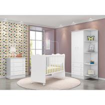 Quarto Infantil Doce Sonho Roupeiro c/ Nicho + Berço c/ Rodízio + Colchão + Cômoda Branco