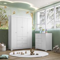 Quarto Infantil Duda 100% MDF Roupeiro 4 Portas + Cômoda 3 Gavetas - Phoenix Baby
