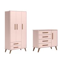 Quarto Infantil Encanto Retrô com Cômoda Sapateira e Guarda Roupa 3 Portas Rosa - FdECOR