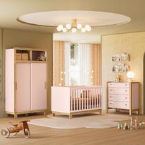 Quarto Infantil Flora Guarda Roupa 2 Portas Correr, Comoda 4 Gavetas, Berço Rosa Acetinado Quarto Infantil Flora Guarda Roupa 2 Portas Correr, Comoda 4 Gavetas, Berço Rosa Acetinado
