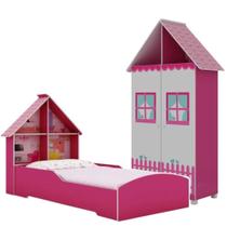 Quarto Infantil Gelius Casinha Rosa Cama de Solteiro e Guarda Roupa 2 Portas 2 Gavetas em MDF