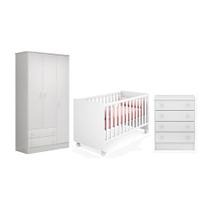 Quarto Infantil Guarda Roupa 3 Portas, Berço e Cômoda 4 Gavetas Meu Soninho Branco - FdECOR