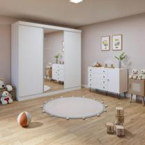 Quarto Infantil Guarda-Roupa 3 Portas de Correr e Espelho Elô e Cômoda Aurora Branco Quarto Infantil Guarda-Roupa 3 Portas de Correr e Espelho Elô e Cômoda Aurora Branco