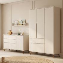 Quarto Infantil Guarda-Roupa 3 Portas e Cômoda 3 Gavetas Retrô 100% MDF Melinda Off White - Phoenix Baby