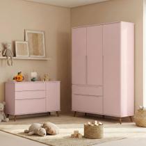 Quarto Infantil Guarda-Roupa 3 Portas e Cômoda 3 Gavetas Retrô 100% MDF Melinda Rosê