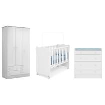 Quarto Infantil Guarda Roupa 3 Portas Meu Soninho, Berço e Cômoda Trocador Branco FdECOR