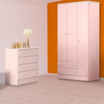 Quarto Infantil Guarda Roupa 3P 2G e Cômoda 4G Rosa