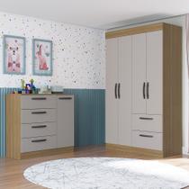 Quarto Infantil Guarda Roupa 4 Portas 2 Gavetas e Cômoda 4 Gavetas 1 Porta Loly Poquema