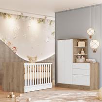 Quarto Infantil Guarda Roupa com Comoda e Berço Mini Cama Americano Carvalho