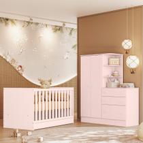 Quarto Infantil Guarda Roupa com Comoda e Berço Mini Cama Americano Rosa