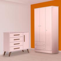 Quarto Infantil Guarda Roupa e Cômoda Sapateira Retro Rosa