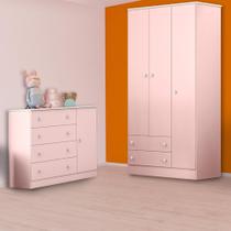 Quarto Infantil Guarda Roupa e Cômoda Sapateira Rosa