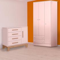 Quarto Infantil Guarda Roupa e Cômoda Sapateira Slim Rosa