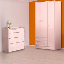 Quarto Infantil Guarda Roupa e Cômoda Trocador Rosa