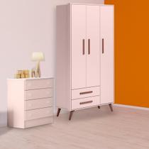 Quarto Infantil Guarda Roupa Retro 3P 2G e Cômoda 4G Rosa