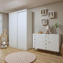 Quarto Infantil Guarda Roupa Solteiro Premium Elara 138cm 2 Portas 2 Gavetas com Cômoda 129,5cm 1 Porta 4 Gavetas Minastex