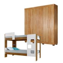 Quarto Infantil/Juvenil com Beliche 100% MDF Vegas e Guarda Roupa 6 Portas 4 Gavetas Flórida Marrom/Branco/Amadeirado Quarto Infantil/Juvenil com Beliche 100% MDF Vegas e Guarda Roupa 6 Portas 4 Gavetas Flórida Marrom/Branco/Amadeirado