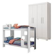 Quarto Infantil/Juvenil com Beliche Vegas e Guarda Roupa 4 Portas 3 Gavetas Flórida 100% MDF Branco