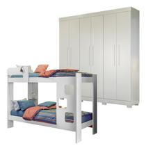 Quarto Infantil/Juvenil com Beliche Vegas e Guarda Roupa 6 Portas 4 Gavetas Flórida 100% MDF Branco