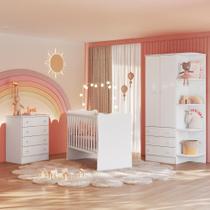 Quarto Infantil Lua Encantada, Berço, Cômoda, Quarda Roupa Branco