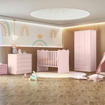 Quarto Infantil Lua Encantada Berço, Guarda Roupa e Comoda Rosa